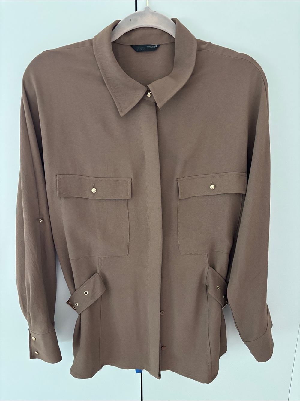 Zara Brown Utility Button-Front Blouse
